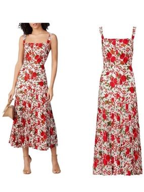 NEW ALEXIS Amal Red & White Rose Floral Pleated Fit & Flare Midi Dress